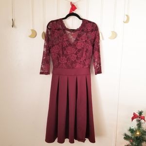 Burgandy Lace Detail Midi Dress